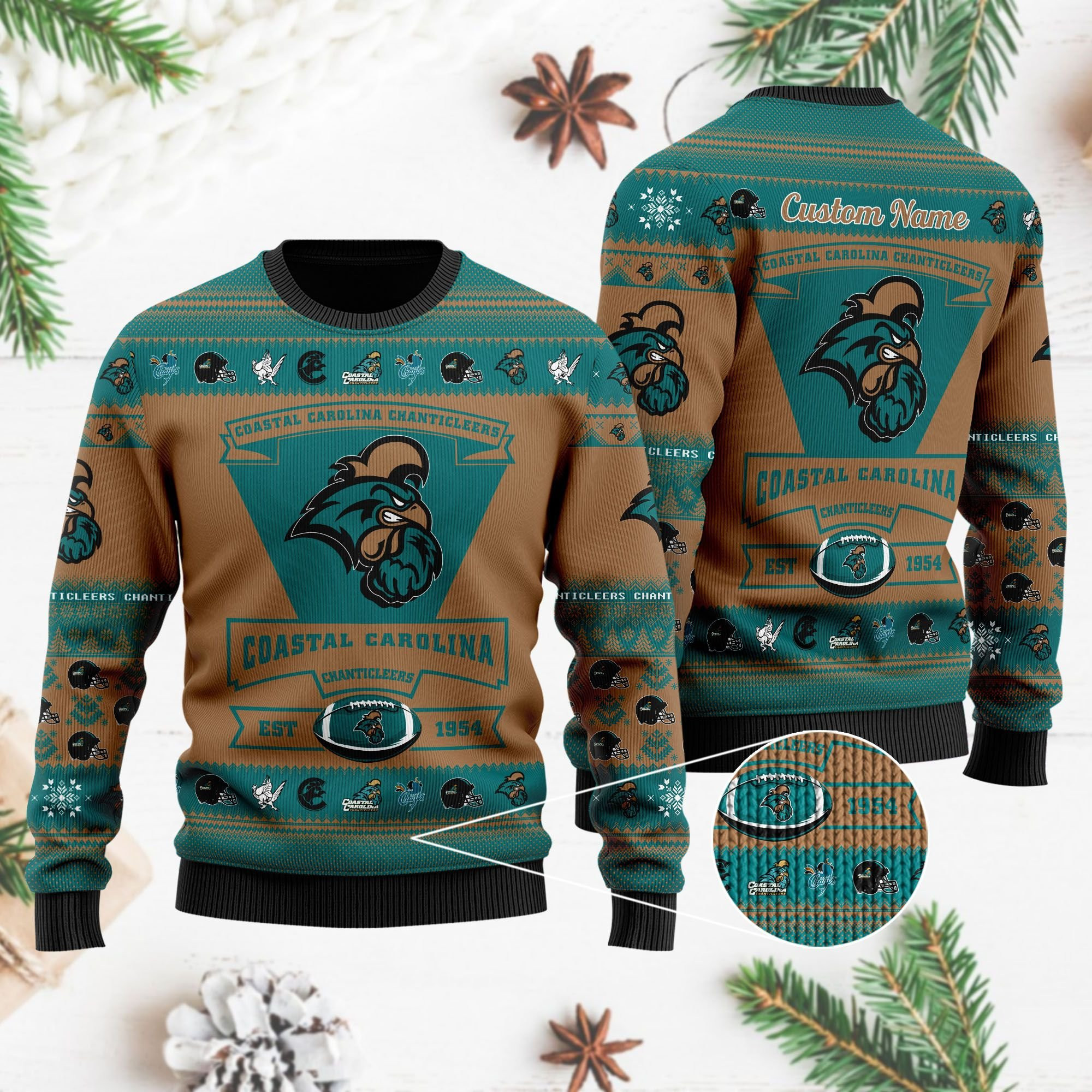 Coastal Carolina Chanticleers Football Team Logo Personalized Ugly Christmas Sweater Adult 3D Funny Matching for family - Image 4
