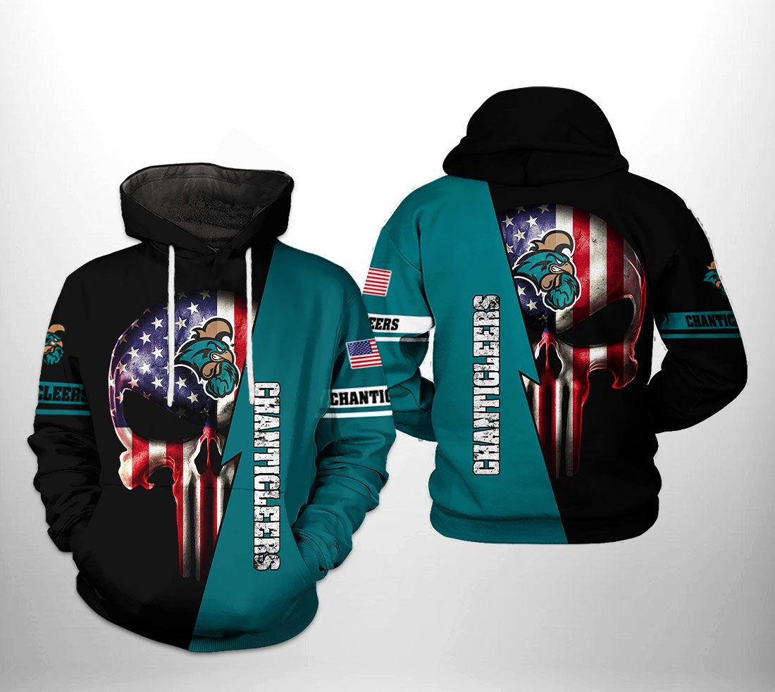 Coastal Carolina Chanticleers NCAA US Flag Skull 3D All Over Print Hoodie, Zip Hoodie