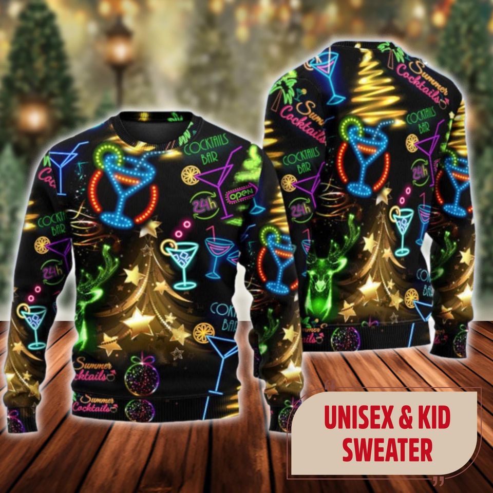 Cocktail Christmas Neon Art Drinking Ugly Christmas Sweater, Cocktail Neon Xmas