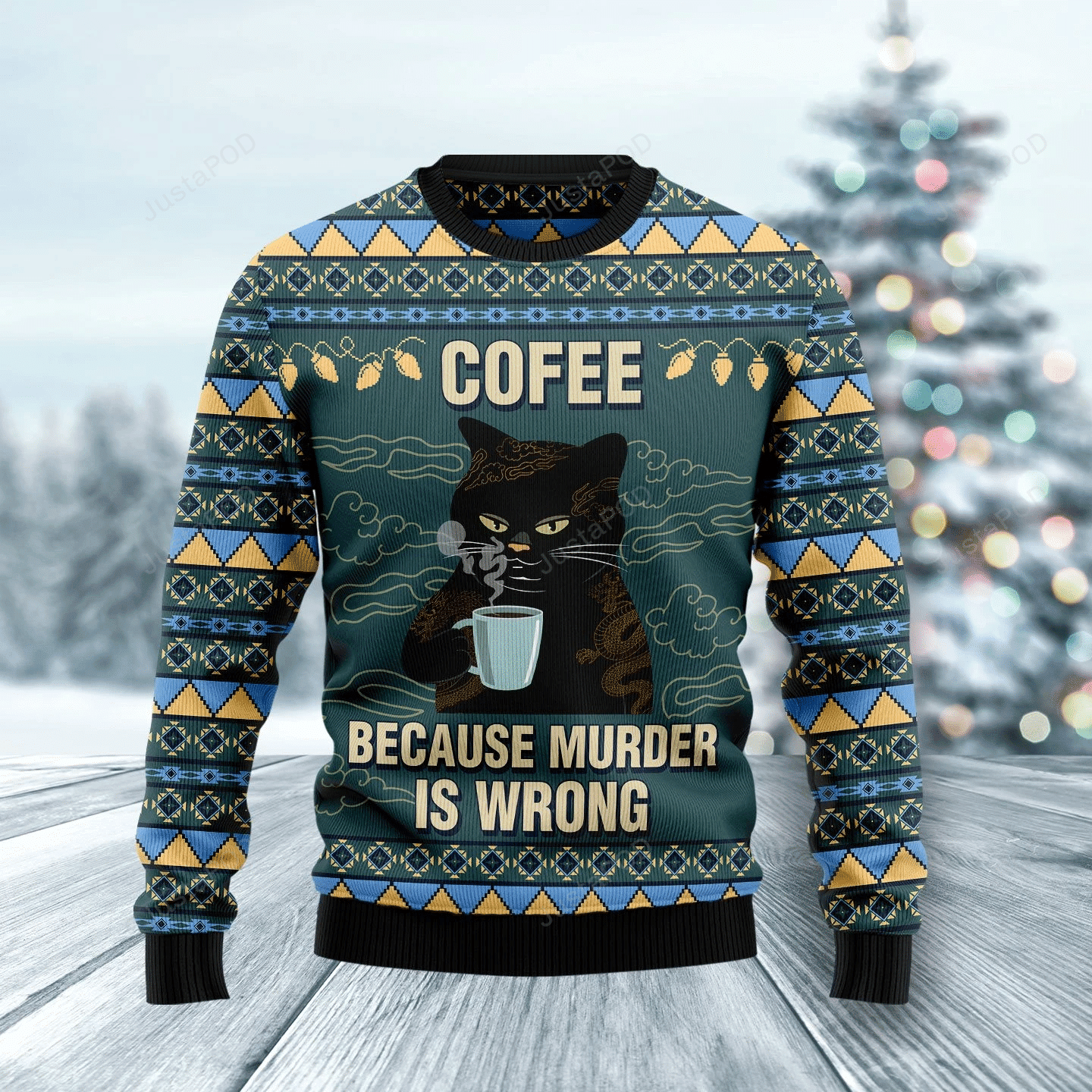 Coffee Cat Ugly Christmas Sweater Adult 3D Funny Matching for family