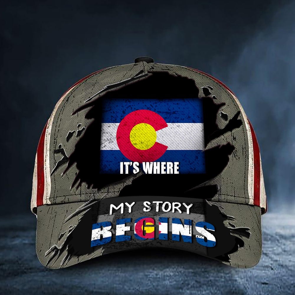 Colorado It's Where My Story Begins Hat American Flag Patriotic Colorado Cap Trucker Hats Custom Hats Gifts For Men & Women