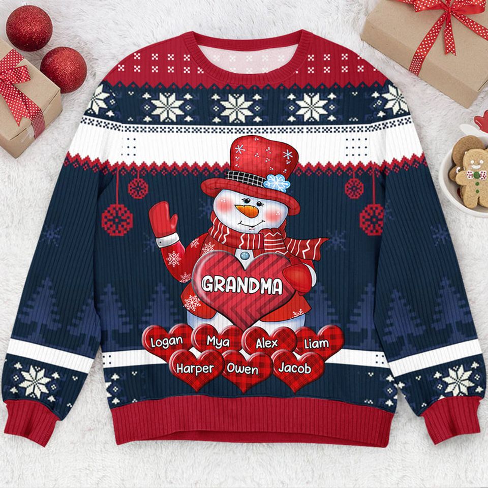 Colorful Christmas Snowman Grandma Mom Little Heart Kids Personalized Sweater