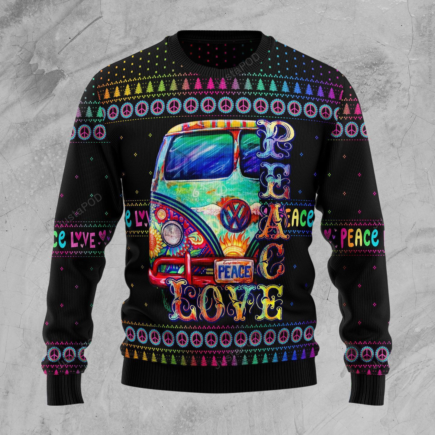 Colorful Hippie Peace Love Ugly Christmas Sweater Adult 3D Funny Matching for family