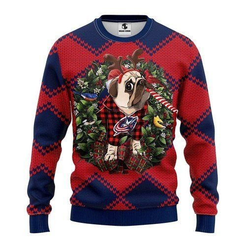 Columbus Blue Jackets Pug Dog For Unisex Ugly Christmas Sweater Adult 3D Funny Matching for family