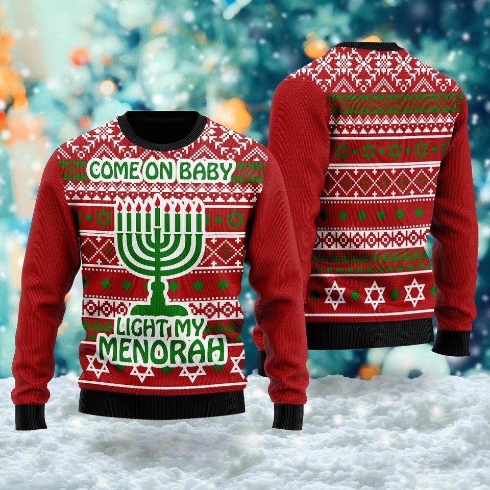 Come On Baby Light My Menorah Sweater, Hanukkah Festival Ugly Christmas Sweater - Image 2
