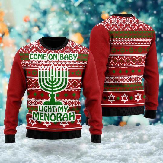 Come On Baby Light My Menorah Sweater, Hanukkah Festival Ugly Christmas Sweater - Image 7