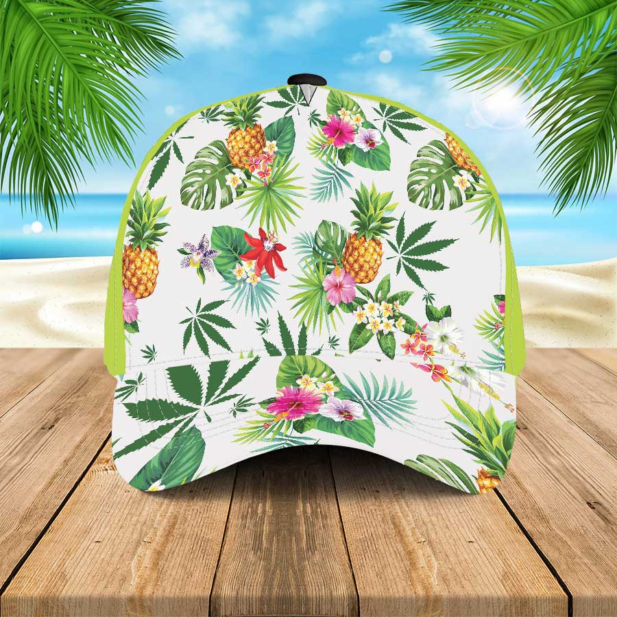 Cool Weed Tropical Forest Design Hawaiian Summer Hats, Pineapple Flowers Pattern Beach Baseball Cap for Women % Men Trucker Hats Custom Hats Gifts For Men & Women