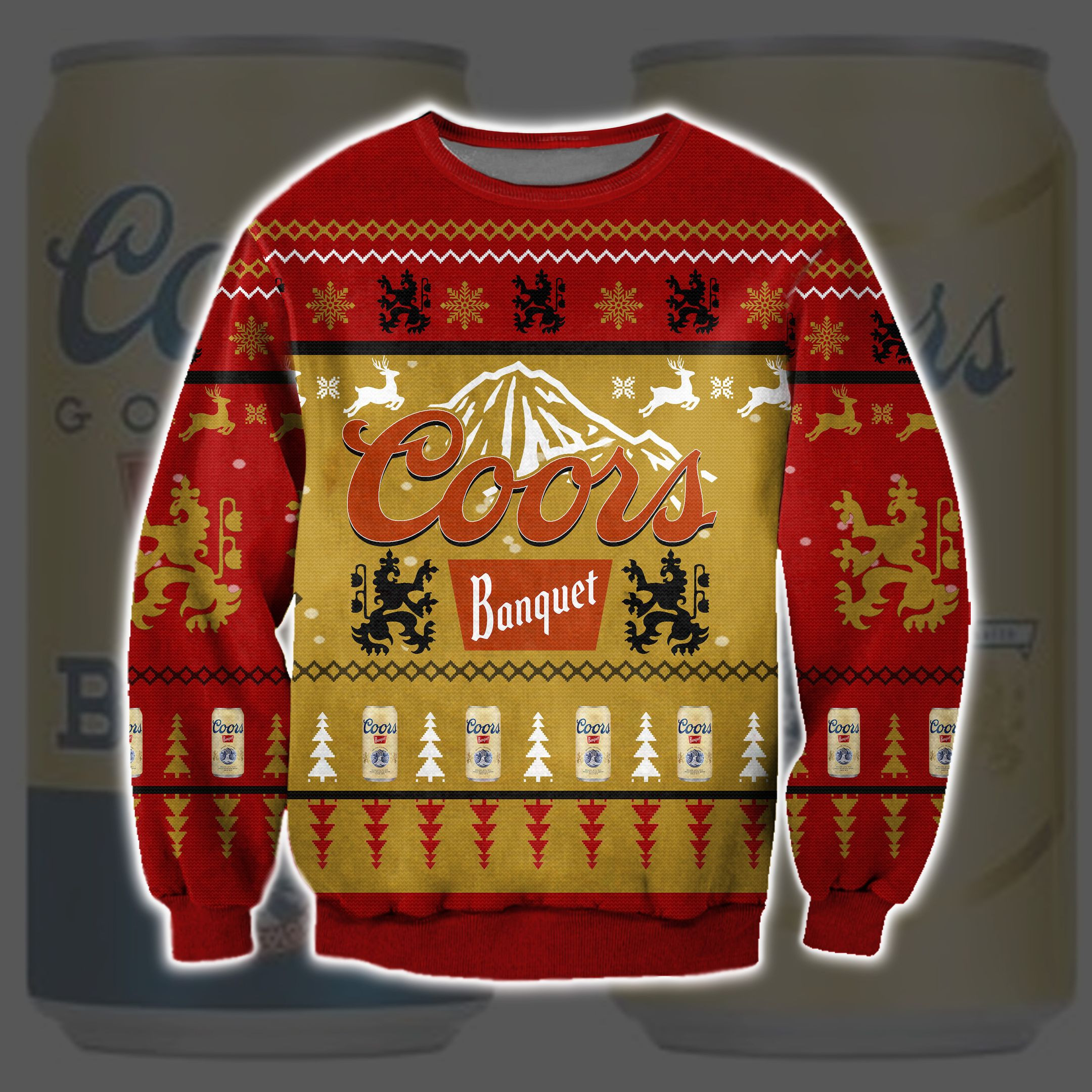 Coors Banquet Beer Yellow & Red Knitting Pattern 3D Print Ugly Christmas Sweater Adult 3D Funny Matching for family