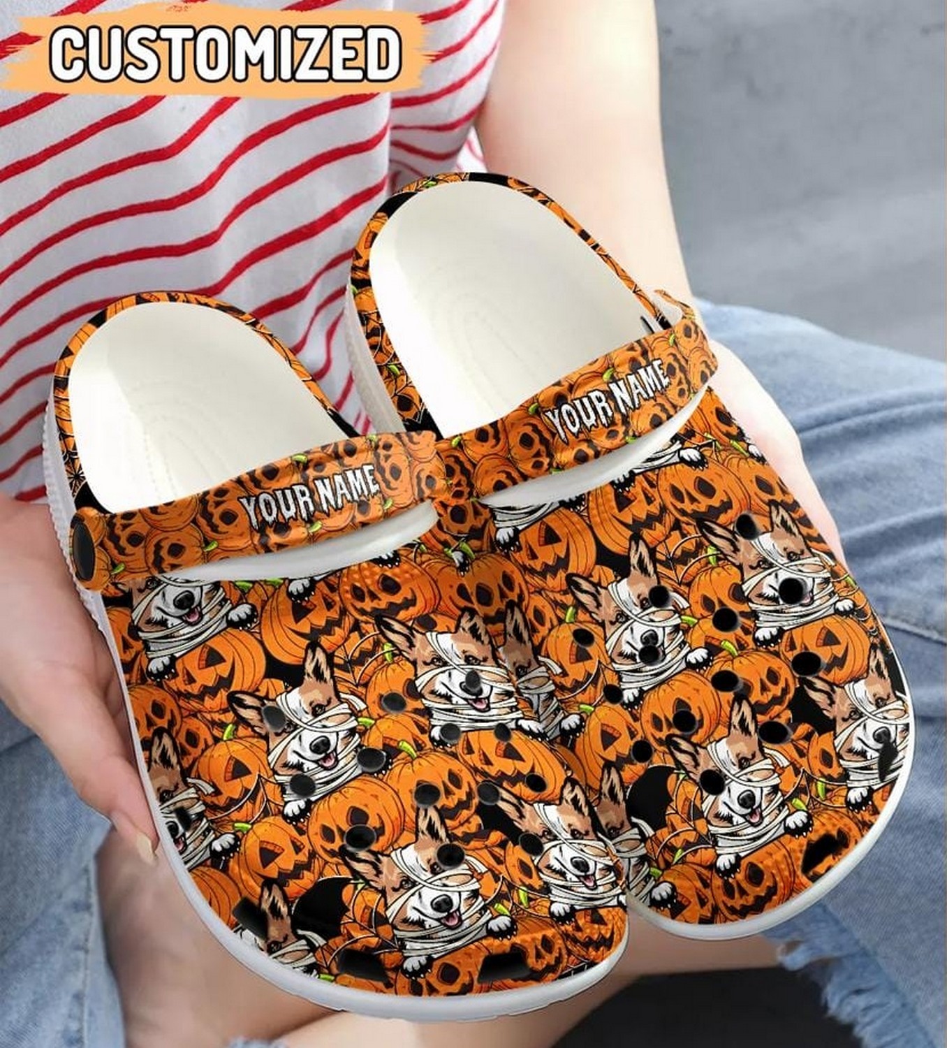 Corgi And Pumpkin Happy Halloween Crocs Crocband Clogs Shoes Comfortable For Men Women and Kids