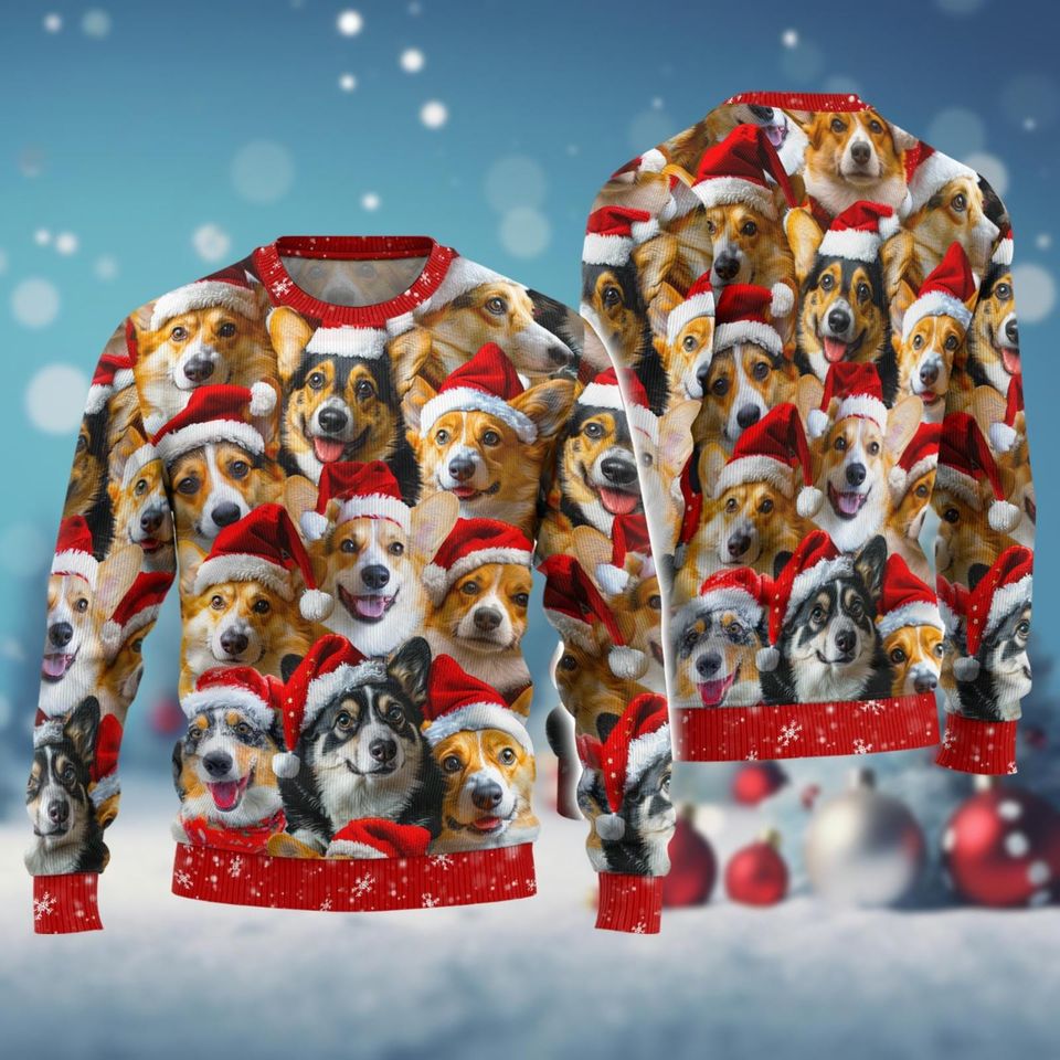 Corgi Santa Hat Ugly Sweater, Dog Lover Christmas Sweater
