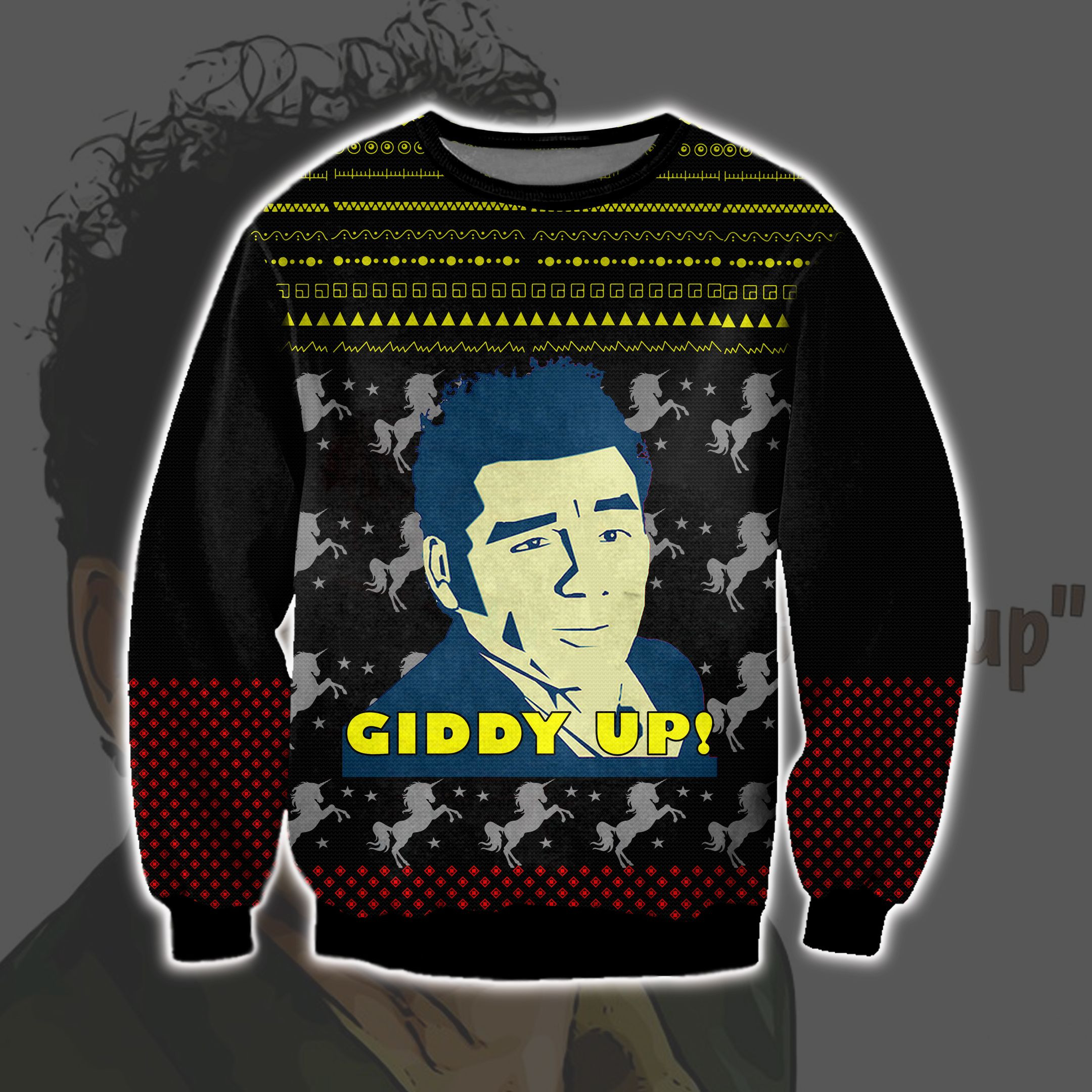 Cosmo Kramer Giddy Up 3D Print Ugly Christmas Sweater Adult 3D Funny Matching for family