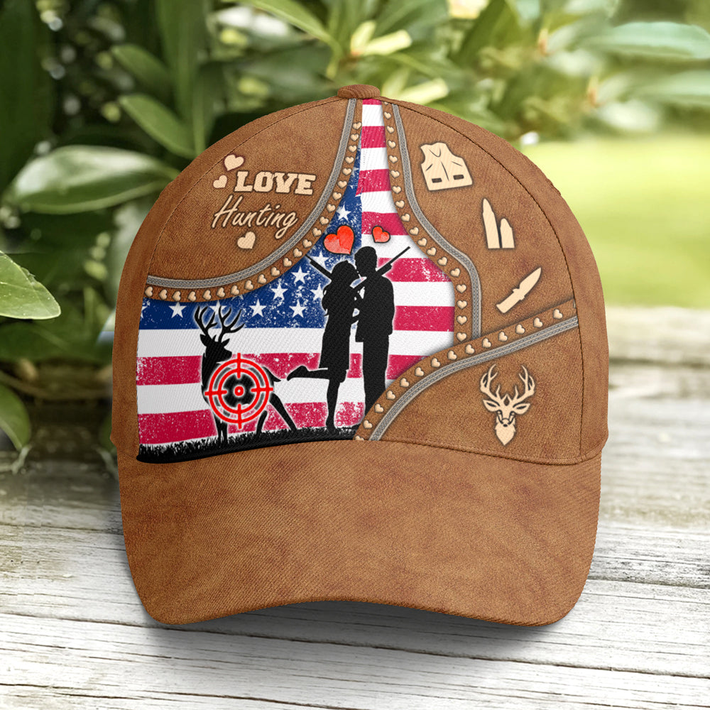 Couple Love Hunting American Flag Leather Style Baseball Cap Trucker Hats Custom Hats Gifts For Men & Women