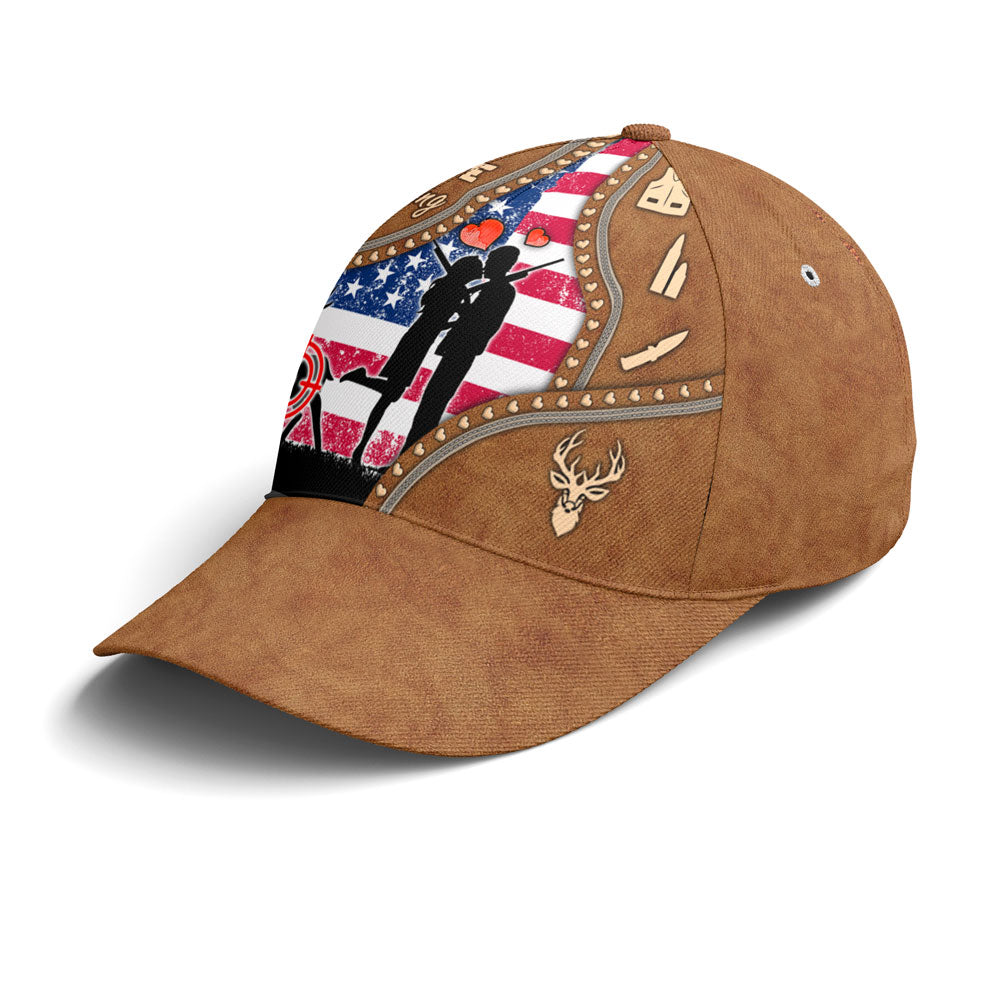 Couple Love Hunting American Flag Leather Style Baseball Cap Trucker Hats Custom Hats Gifts For Men & Women