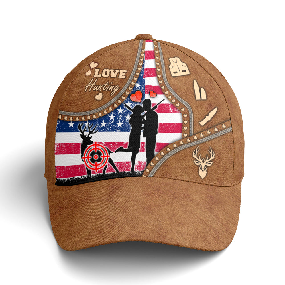 Couple Love Hunting American Flag Leather Style Baseball Cap Trucker Hats Custom Hats Gifts For Men & Women