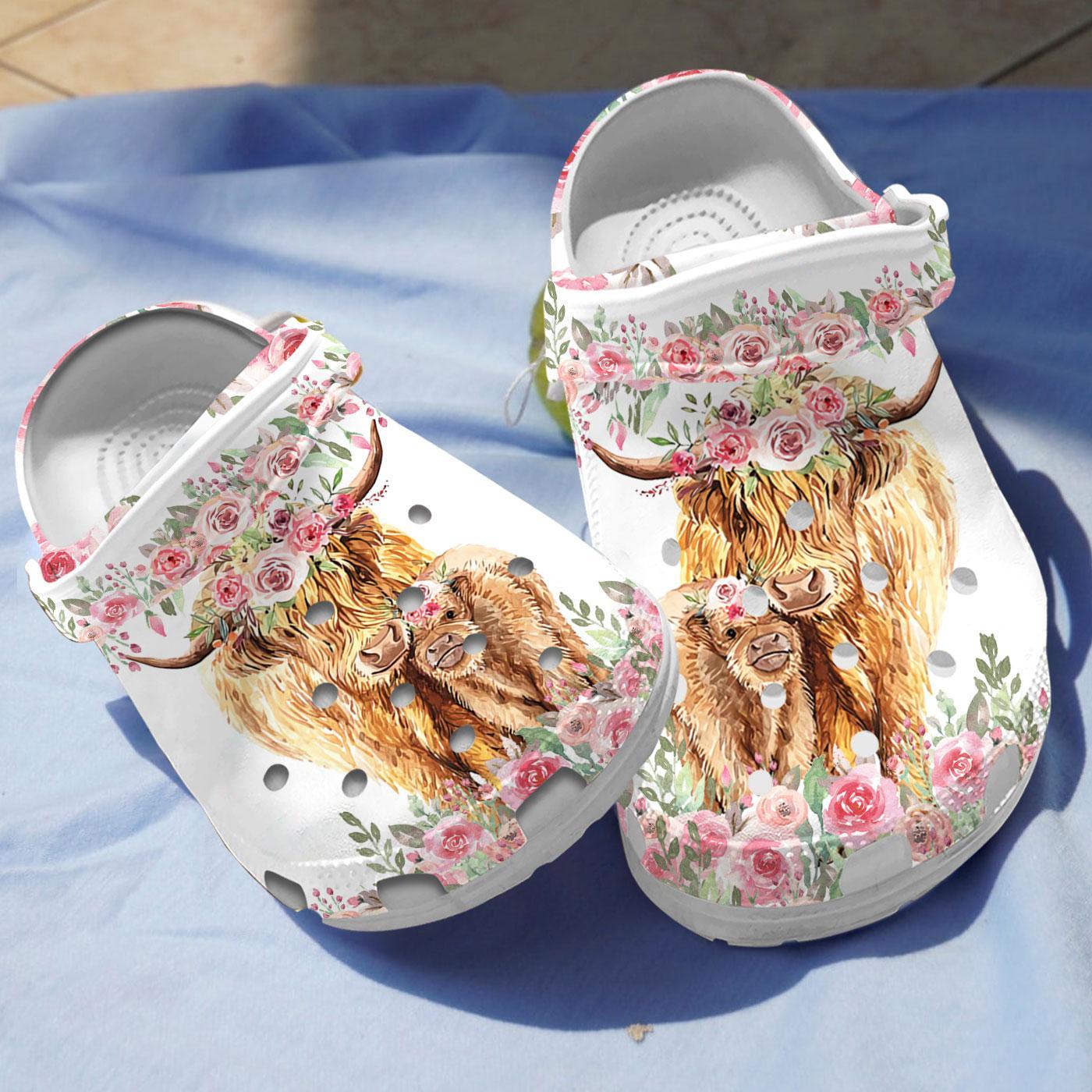 Cow and Calf with Flower Crocs Crocband Clogs Shoes Comfortable For Men Women and Kids