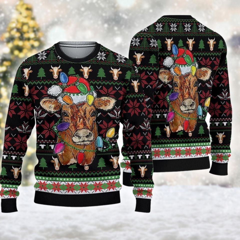 Cow Light Ugly Christmas Sweater, Farmer Christmas