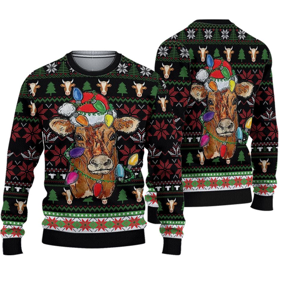 Cow Light Ugly Christmas Sweater, Farmer Christmas Sweater