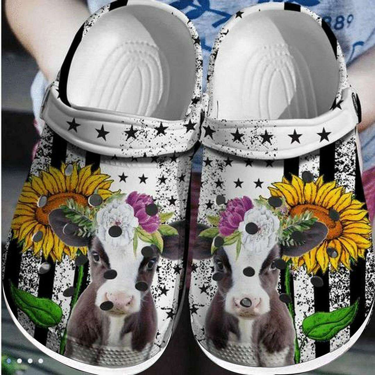 Cow Sunflower Usa Flag 4Th Of July Crocband Clogs