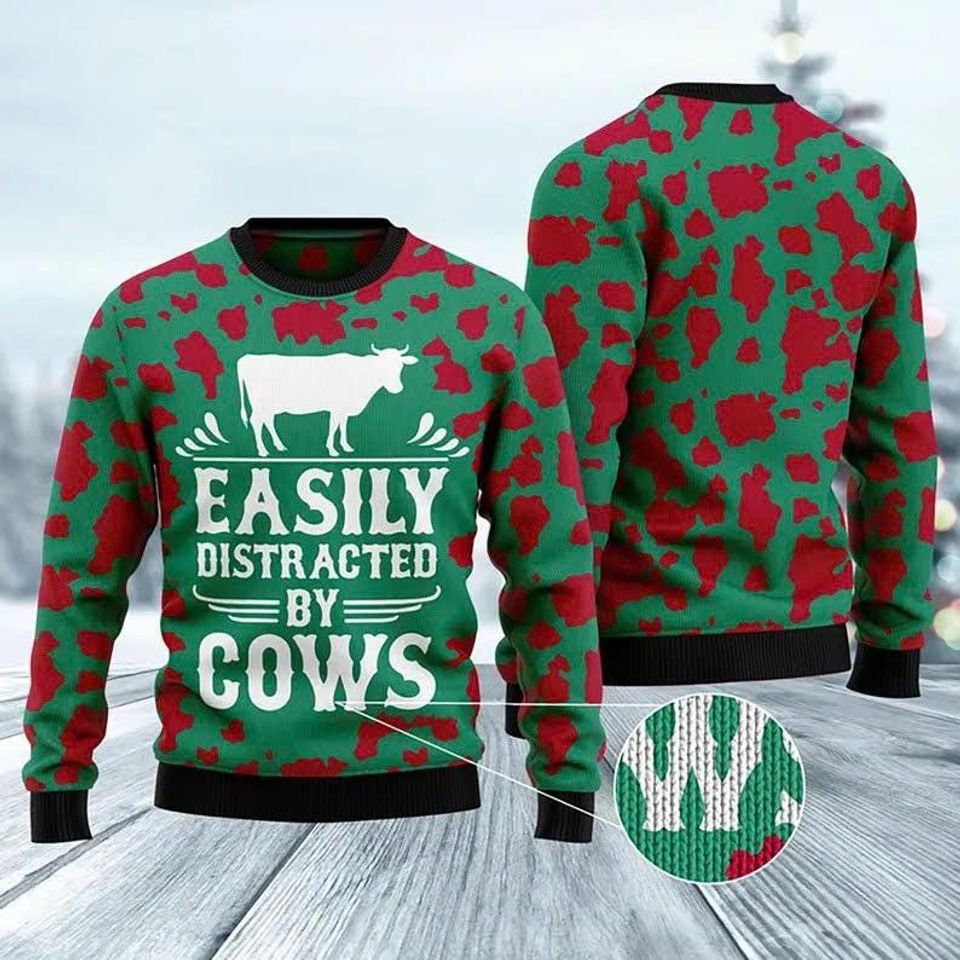 Cow Ugly Christmas Sweater, Easily Distracted by Cows Funny Holiday Pullover for Farmers