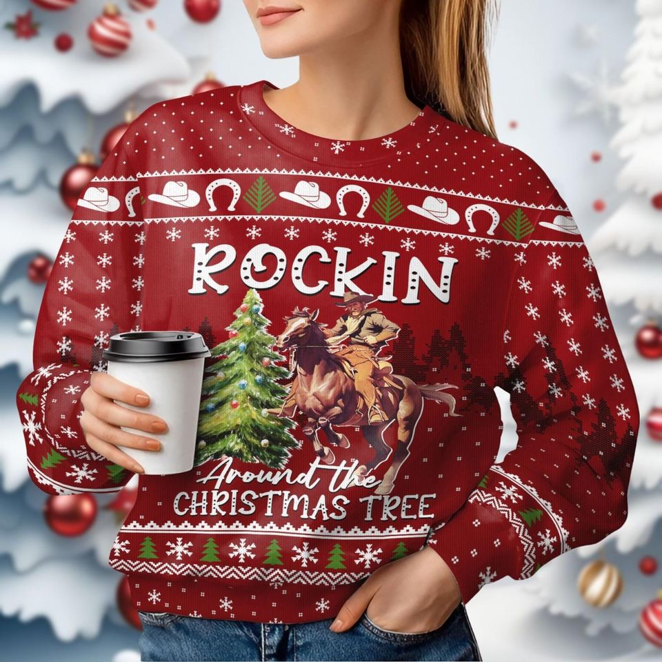 Cowboy Men Christmas Ugly Sweater, Rocking Around The Christmas Tree Ugly Sweatshirt - Image 4