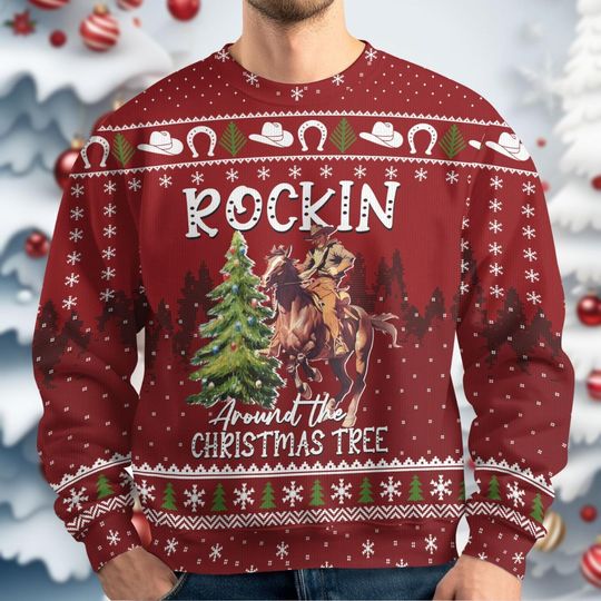 Cowboy Men Christmas Ugly Sweater, Rocking Around The Christmas Tree Ugly Sweatshirt - Image 15