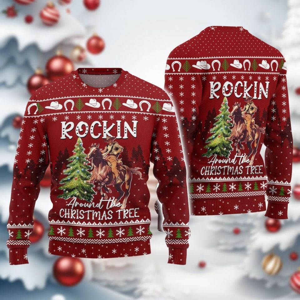 Cowboy Men Christmas Ugly Sweater, Rocking Around The Christmas Tree Ugly Sweatshirt - Image 2