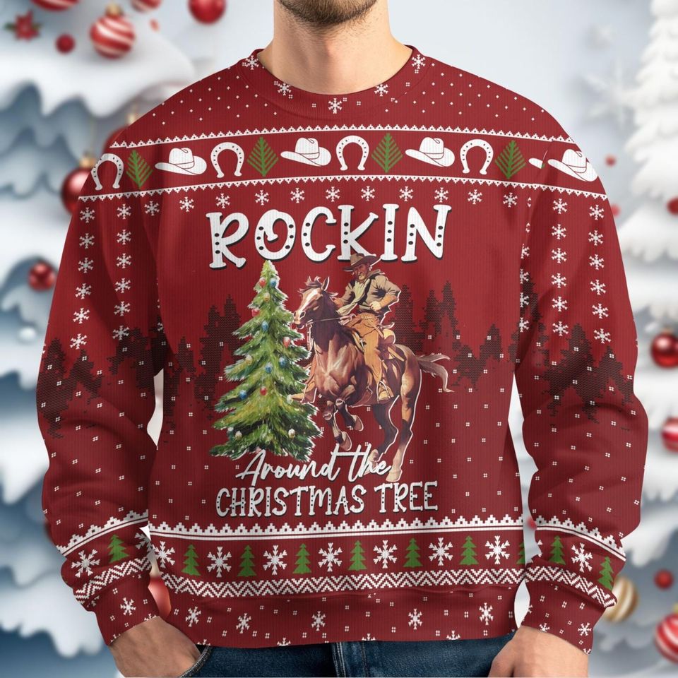 Cowboy Men Christmas Ugly Sweater, Rocking Around The Christmas Tree Ugly Sweatshirt - Image 5
