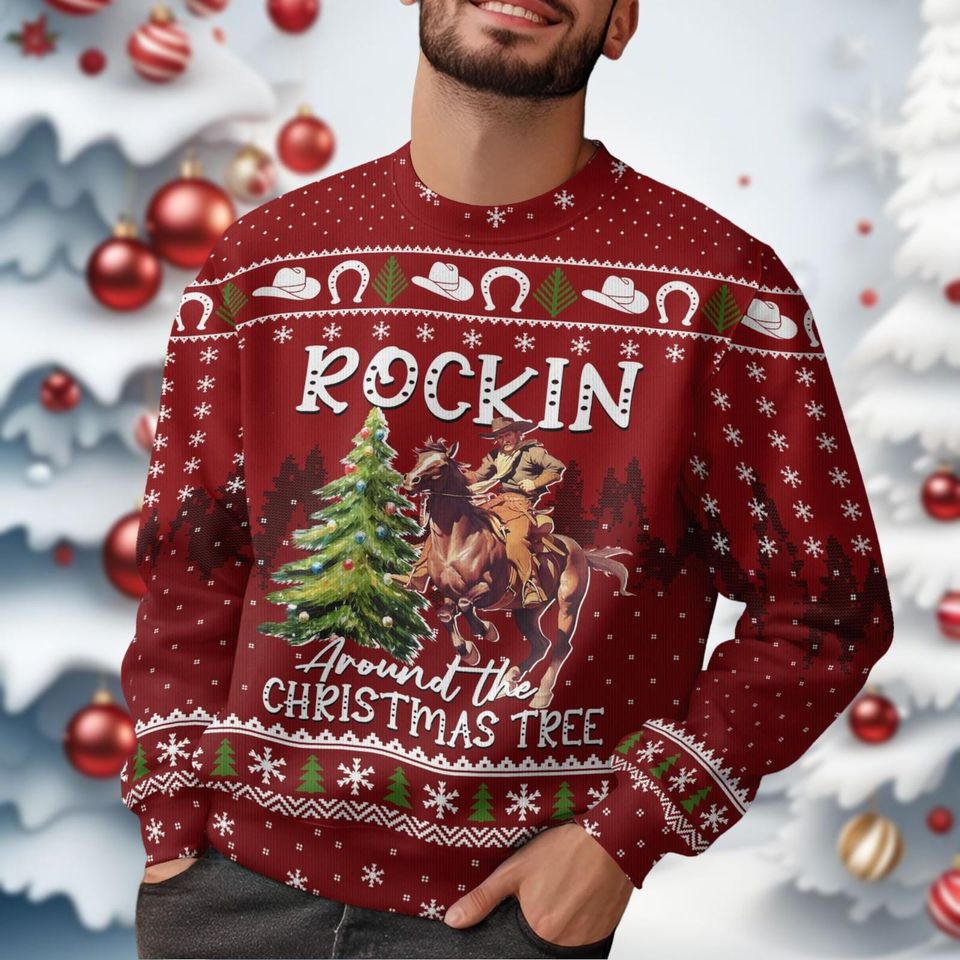 Cowboy Men Christmas Ugly Sweater, Rocking Around The Christmas Tree Ugly Sweatshirt - Image 6