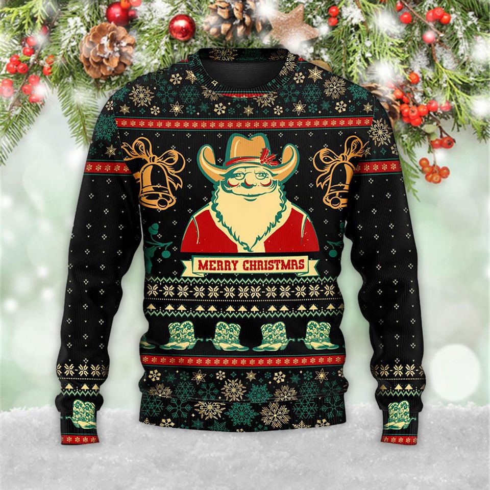 Cowboy Santa Christmas Old Man 3D Ugly Christmas Zip 3D Sweater