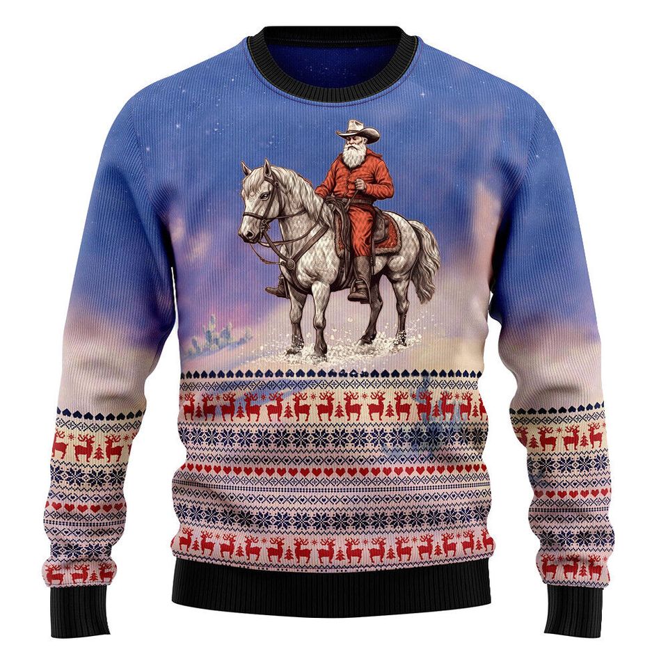 Cowboy Santa Claus Riding Horse Christmas Sweater 3D