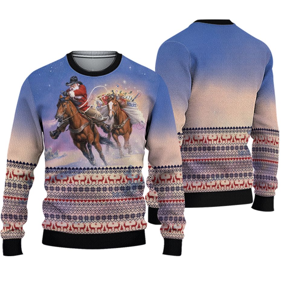 Cowboy Santa Claus Riding Horse Ugly Sweater For Christmas