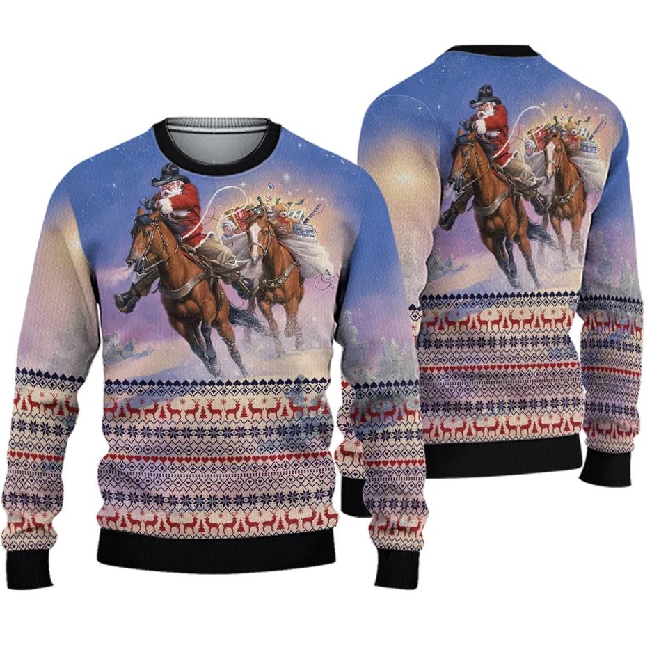 Cowboy Santa Claus Riding Horse Xmas Sweater