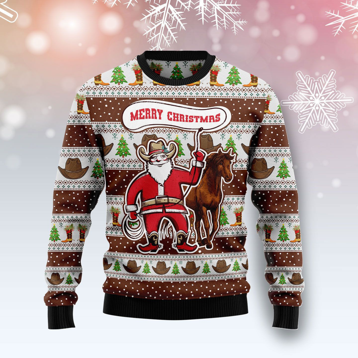 Cowboy Santa Claus Ugly Christmas Sweater Adult 3D Funny Matching for family