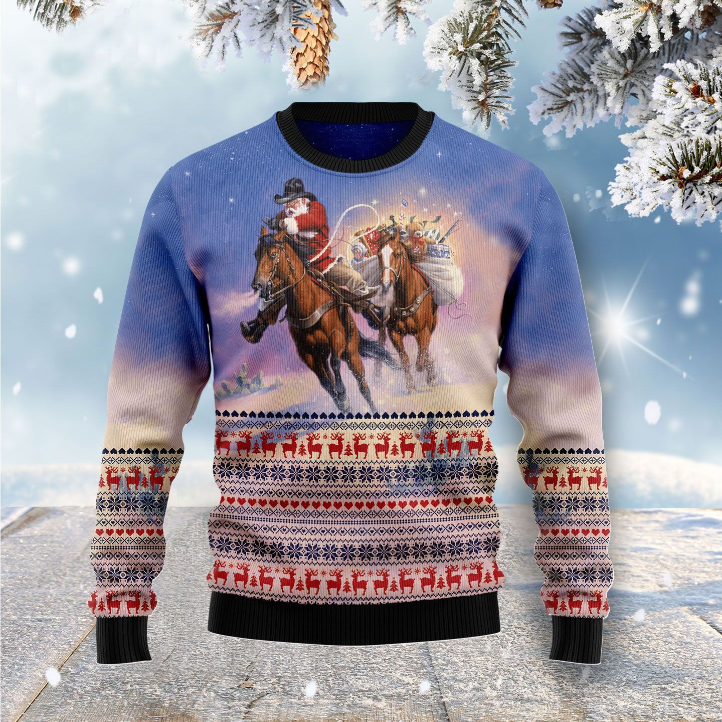 Cowboy Santa Claus Ugly Christmas Sweater Adult 3D Funny Matching for family