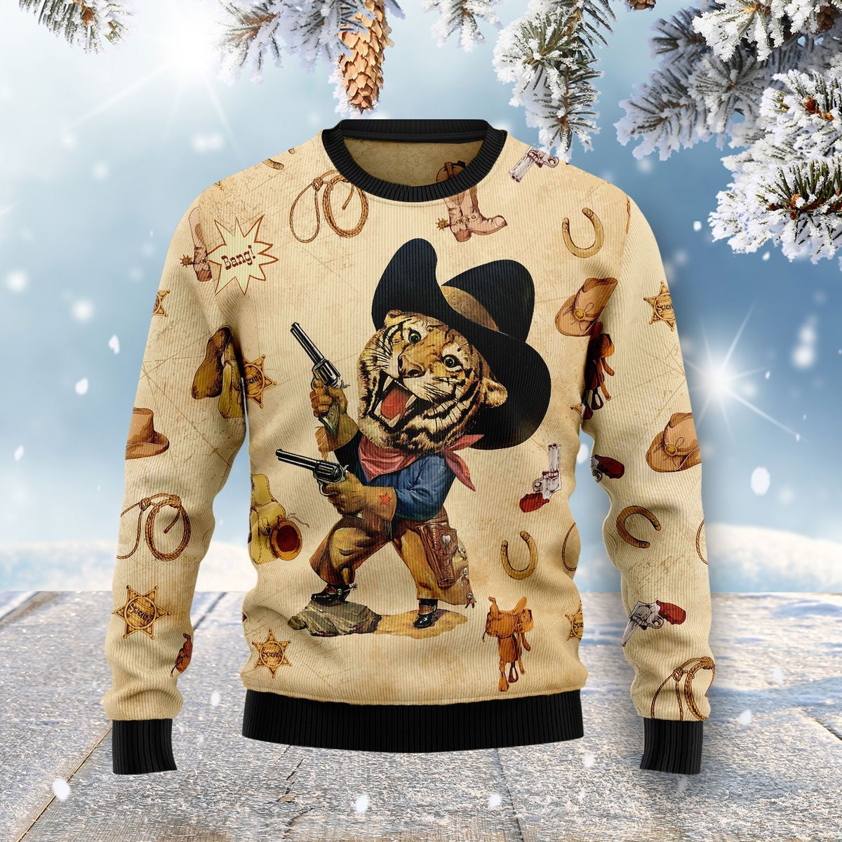 Cowboy Tiger Ugly Christmas Sweater Adult 3D Funny Matching for family