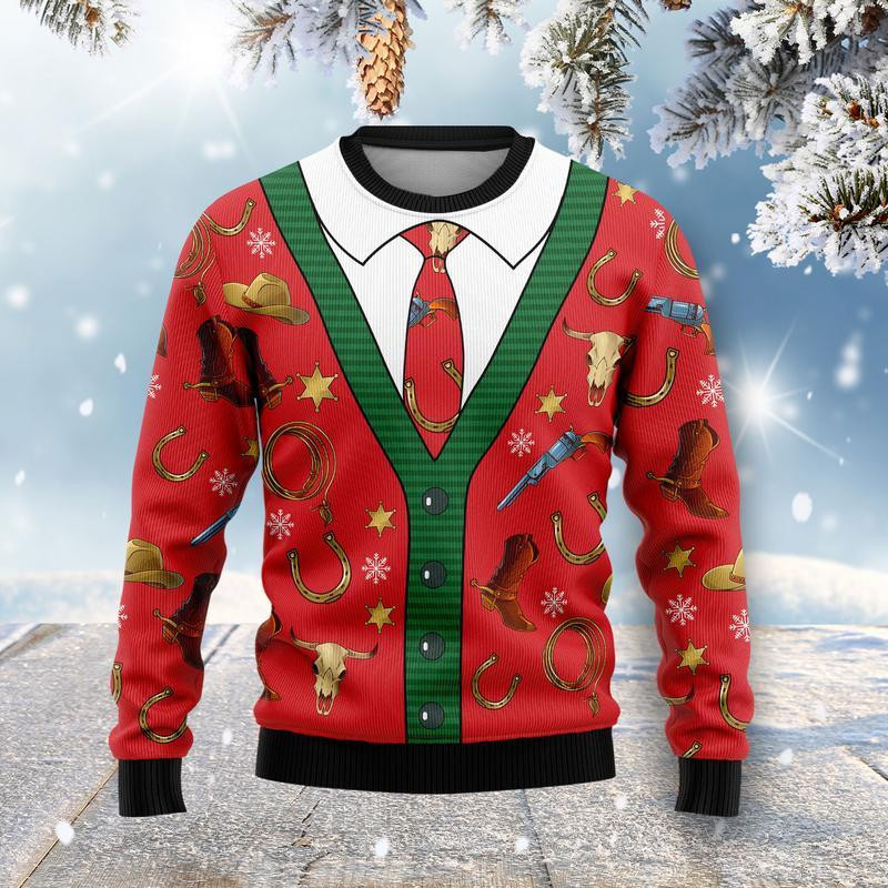 Cowboy Ugly Christmas Sweater Adult 3D Funny Matching for family