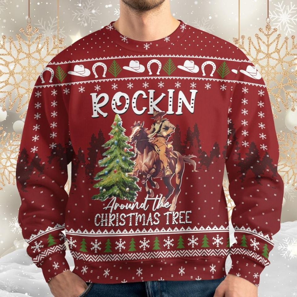 Cowboy Ugly Sweater Christmas, Rockin Around The Christmas Tree Sweater
