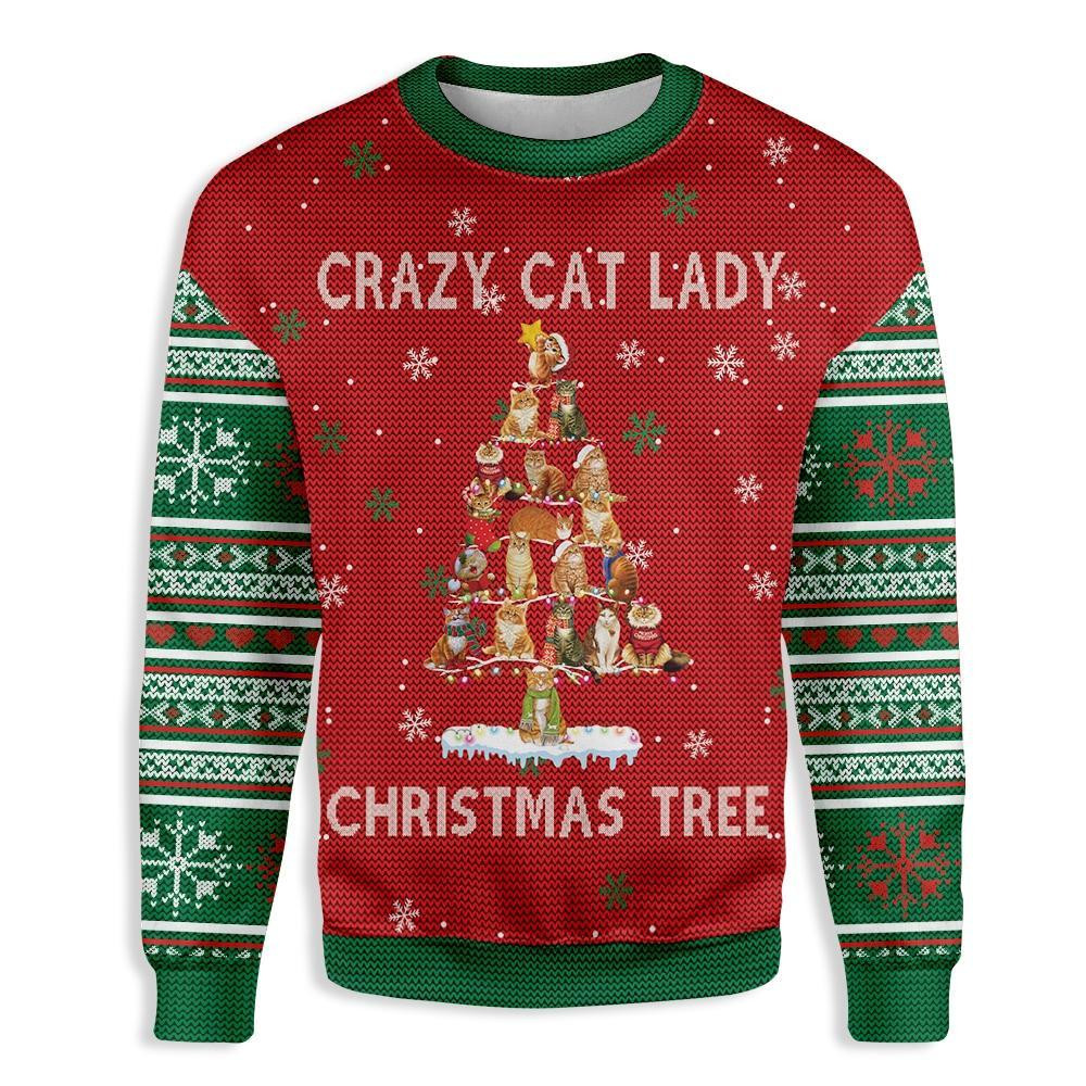 Crazy Cat Lady Christmas Tree Ugly Christmas Sweater Adult 3D Funny Matching for family