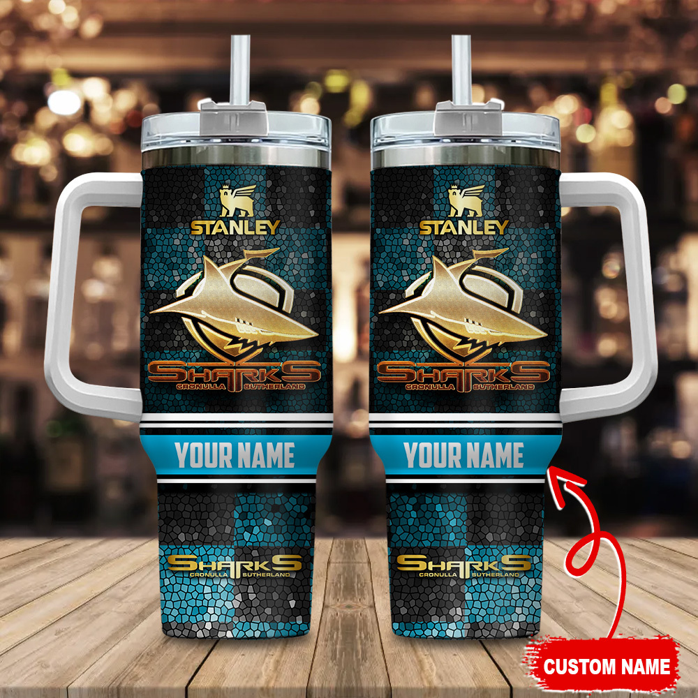 Cronulla-Sutherland Sharks NRL Golden Logo Stained Glass Effect Custom Stanley Cup 40 oz 30 oz Tumbler With HandleTVC2301178