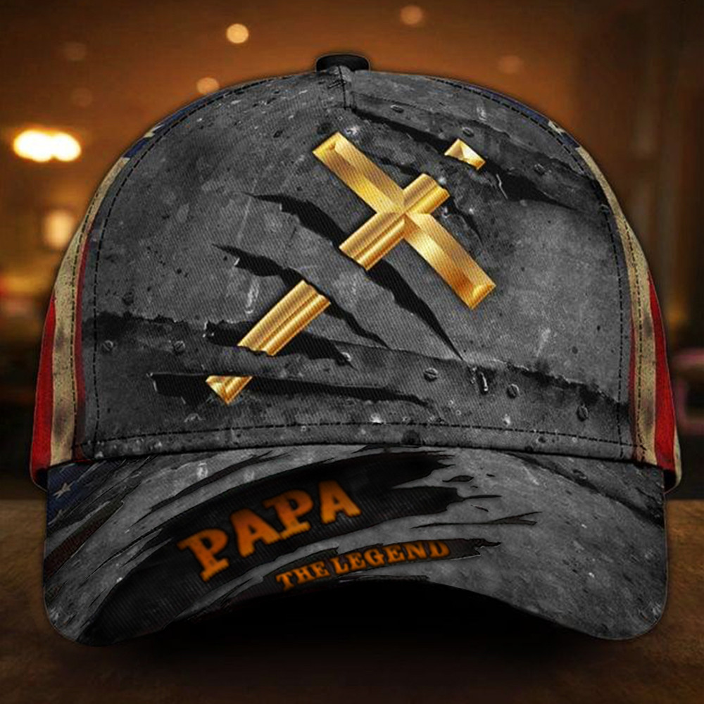 Cross Christian Papa The Legend Hat Vintage Unique USA Flag Cap Christian Gifts For Dad Trucker Hats Custom Hats Gifts For Men & Women