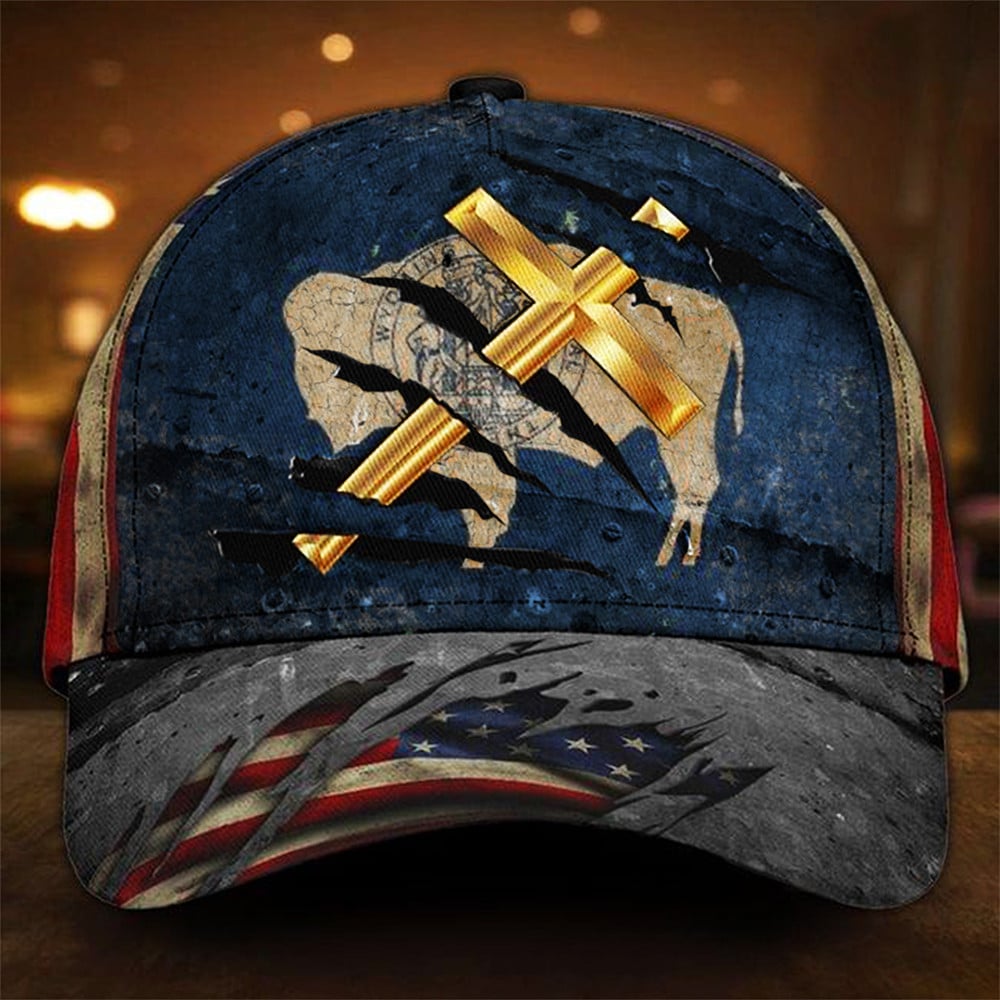 Cross Christian Wyoming Flag Hat Vintage Patriotic Christian Hats For Men Trucker Hats Custom Hats Gifts For Men & Women
