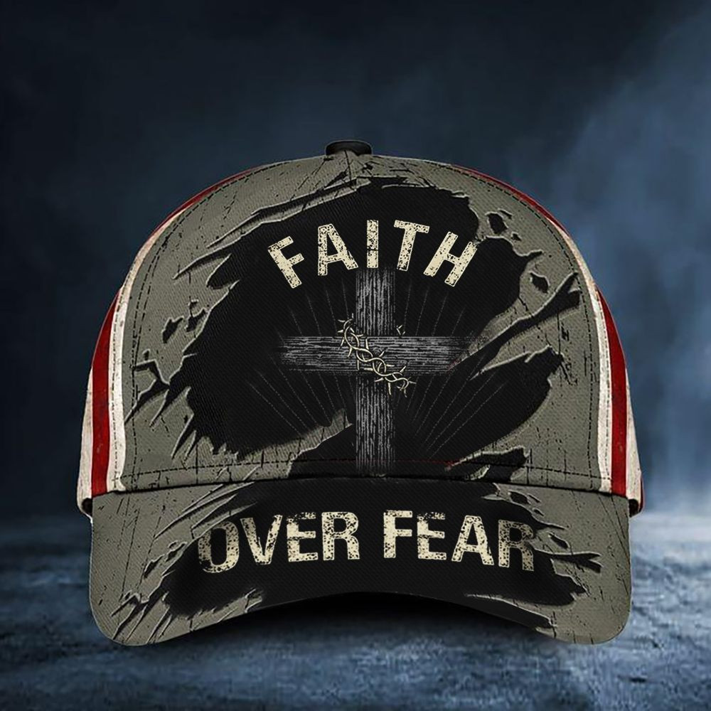 Cross Faith Over Fear Hat Vintage USA Flag Baseball Cap Religious Christian Gift For Men Trucker Hats Custom Hats Gifts For Men & Women