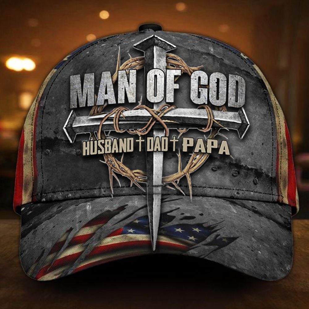 Cross Man Of God Husband Dad Papa Cap American Flag Hat Men's Christian Faith Gift For Him Trucker Hats Custom Hats Gifts For Men & Women