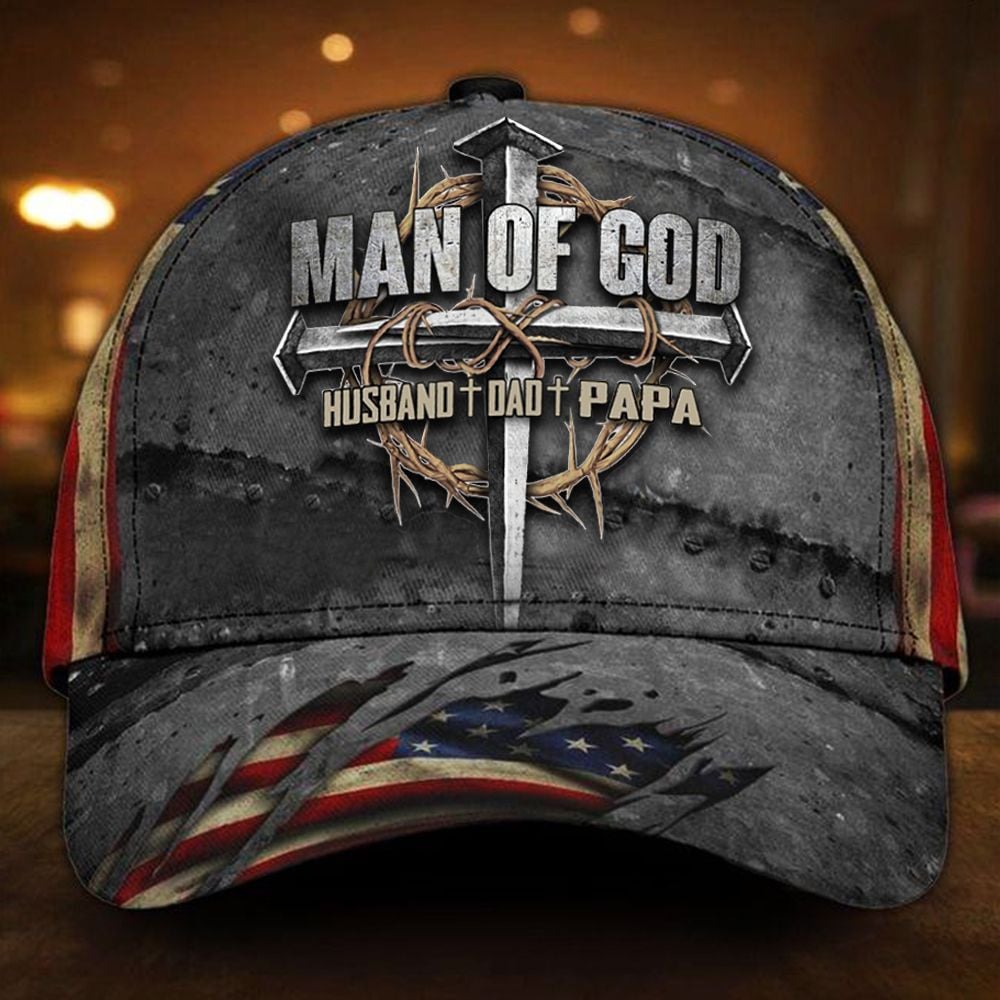 Cross Man Of God Husband Dad Papa Hat American Flag Cap Unique Christian Gifts For Men Trucker Hats Custom Hats Gifts For Men & Women