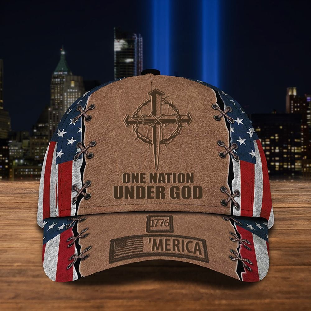 Cross One Nation Under God 1776 'Merica Hat American Flag Cap Patriotic Christian Gift Items Trucker Hats Custom Hats Gifts For Men & Women