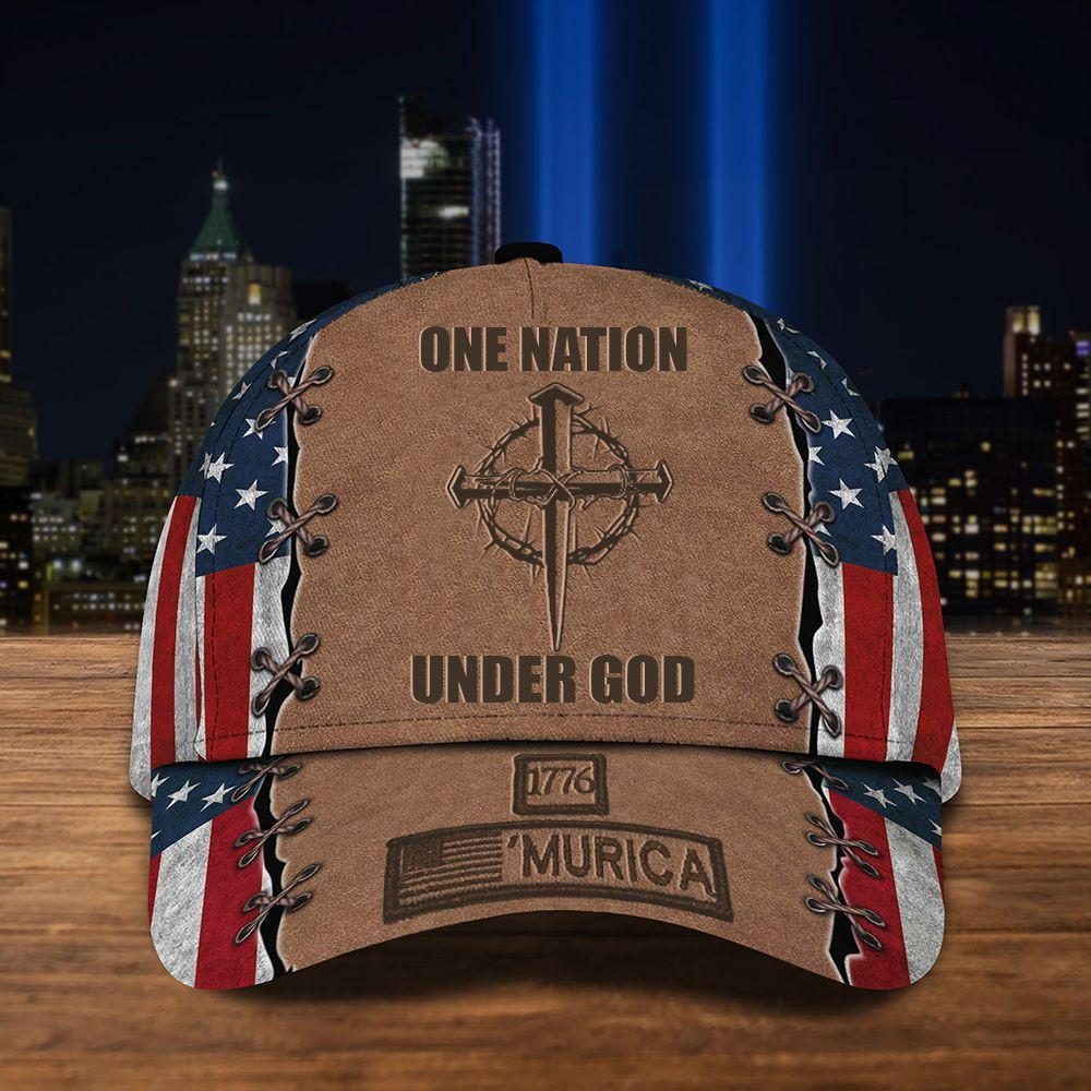 Cross One Nation Under God 1776 'Murica Hat USA Flag Cap Christian Patriotic Gift For Men Trucker Hats Custom Hats Gifts For Men & Women