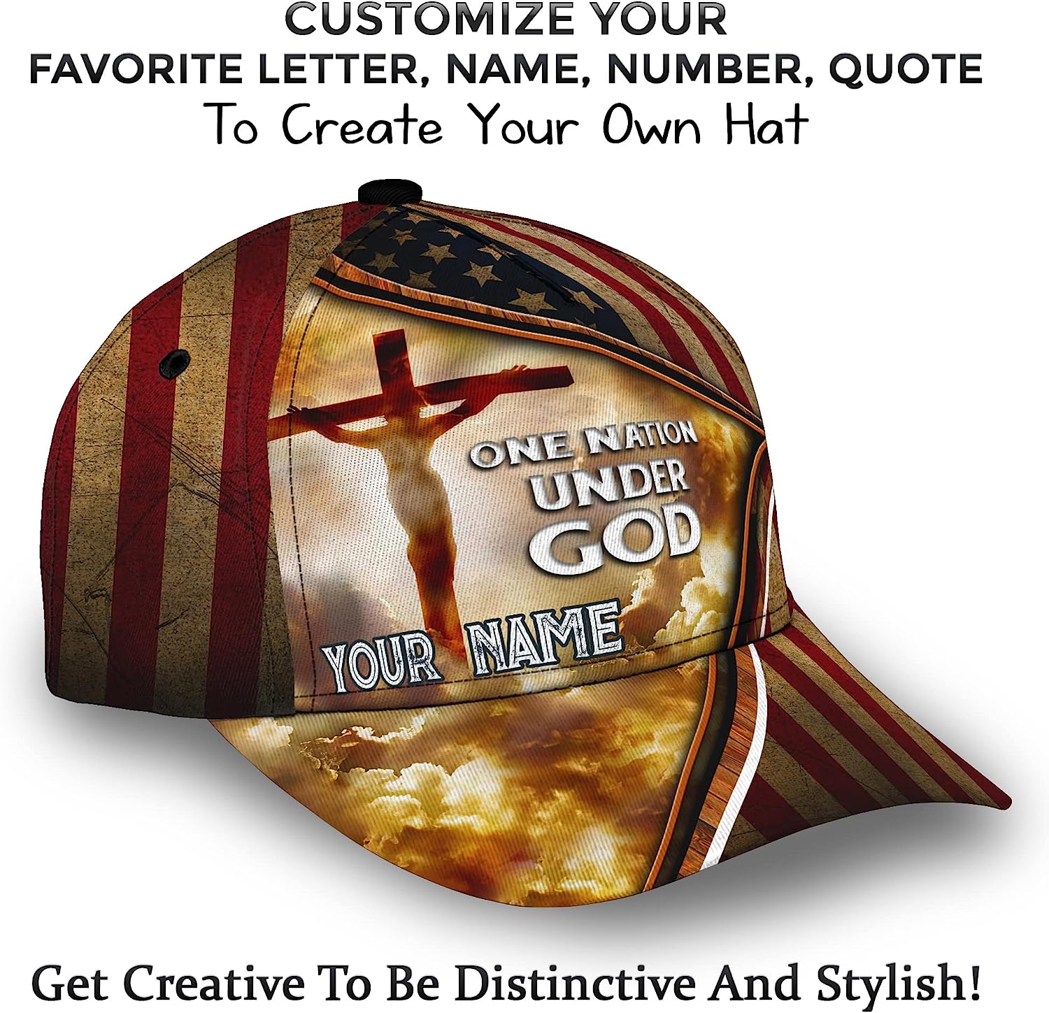 Cross One Nation Under God American Flag Custom Name All Over Print Baseball Cap - Christian Hats For Men Women Trucker Hats Custom Hats Gifts For Men & Women