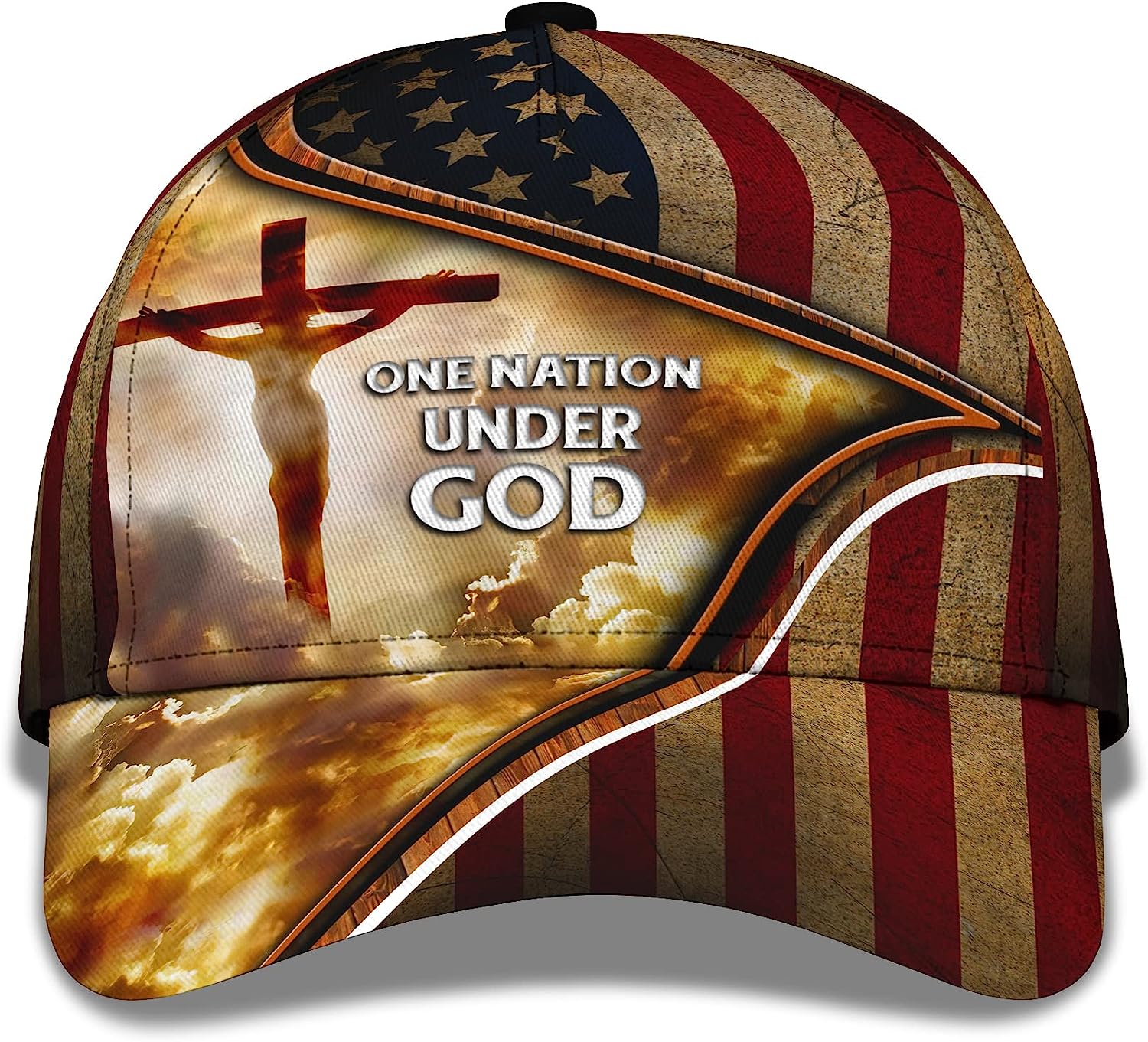 Cross One Nation Under God American Flag Custom Name All Over Print Baseball Cap - Christian Hats For Men Women Trucker Hats Custom Hats Gifts For Men & Women