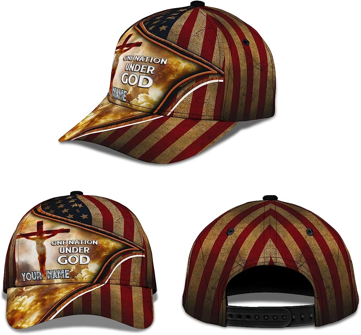 Cross One Nation Under God American Flag Custom Name All Over Print Baseball Cap - Christian Hats For Men Women Trucker Hats Custom Hats Gifts For Men & Women