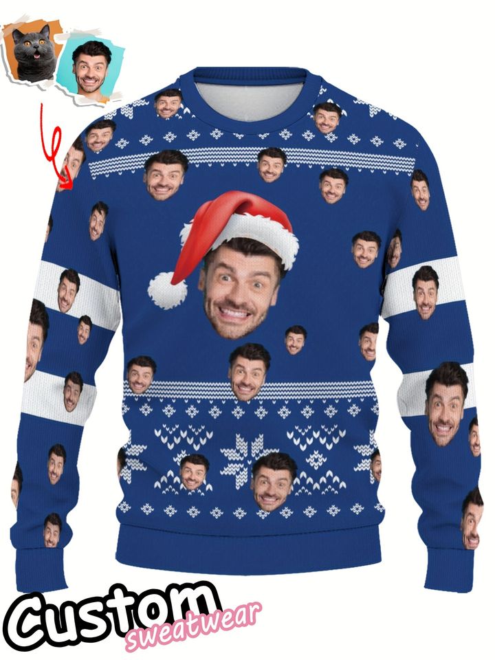 Custom 3D Sweater with Digital Face Print, Long Sleeve, Round Neck, Christmas Gift
